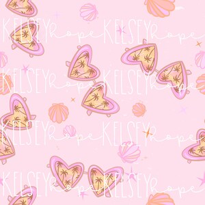 May include: A seamless pattern featuring pink heart-shaped sunglasses with palm trees reflected in the lenses. The background is a light pink with scattered seashells and stars.