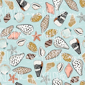 Tesoros marinos-Conchas marinas azules, océano, vida en la playa, verano PATRÓN SIN COSTURAS ilustrado a mano. Diseño Digital. Ropa Papel Tela.