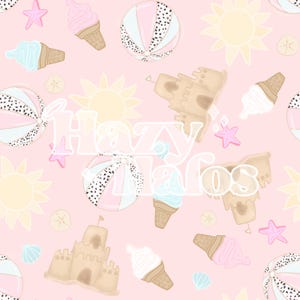 Verano: Conchas, Océano, Playa, Piscina, Natación, Castillo de Arena. PATRÓN SIN COSTURAS. Ilustrado a mano. Diseño digital. Ropa, papel y tela.