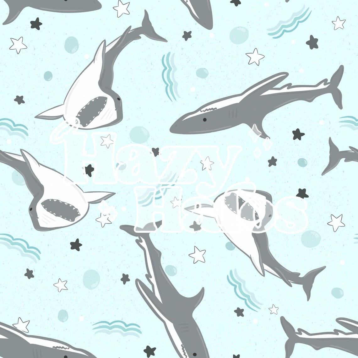 Blue Sharks | Nuetral - SEAMLESS PATTERN Hand Illustrated Digital File ...