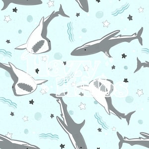 Könnte beinhalten: Ein nahtloses Muster mit grauen und weißen Haien auf hellblauem Hintergrund mit weißen Sternen und Wellenlinien.