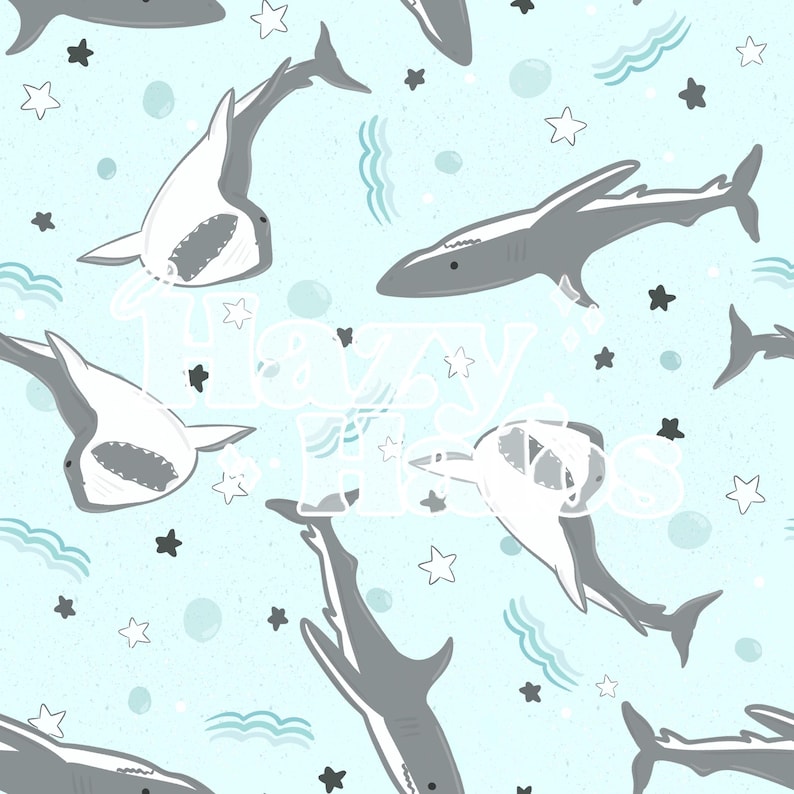 Blue Sharks | Nuetral - SEAMLESS PATTERN Hand Illustrated Digital File ...
