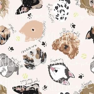 Puppy Party Collective - con razza SEAMLESS PATTERN Hand Illustrated. Progettazione digitale. Tessuto di carta scrapbook di abbigliamento per bambini. Compleanno dei cani