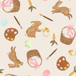 Pintando huevos de Pascua PATRÓN SIN COSTURAS ilustrado a mano. Diseño Digital. Ropa de bebé Scrapbook Paper Fabric. Tradición. Conejitos. Conejos.