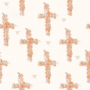 El amor gana Pascua PATRÓN SIN COSTURAS Ilustrado a mano. Diseño digital. Tela de papel para álbumes de recortes de ropa de bebé. Cruz floral religiosa de primavera