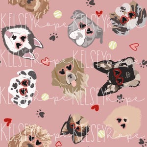 Valentine Puppies- Puppy Party Collective - woof MODELLO SENZA CUCITURE Illustrato a mano. Design digitale. File senza cuciture. Valentine Dogs Rosa