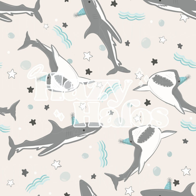 Party Sharks | Cream - SEAMLESS PATTERN Hand Illustrated Digital File ...