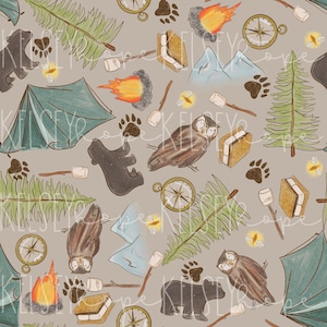 Aventuras de acampamento Vaga-lumes neutros, Corujas, Ursos, Tendas, Meninos, PADRÃO SEM EMENDA, ilustrado à mão. Design digital. Tecido de papel para roupas.