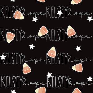 May include: Black background with a repeating pattern of candy corn, white stars, and the text "KELSEY hope" in a handwritten style. The candy corn is orange, yellow, and white.