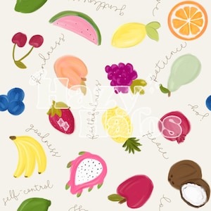 May include: A colorful pattern of fruit with hand-lettered words like "kindness", "faithfulness", "patience", "peace", "goodness", "joy", "love", "self-control", and "fruit".