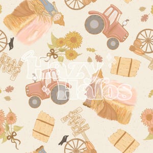 May include: A seamless pattern featuring a whimsical fall harvest theme. The pattern includes a red tractor, scarecrows, hay bales, sunflowers, and signs that read "Corn Maze", "Hay Ride", "Apple Cider", "Pumpkin Patch", and "Down the Mile".
