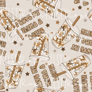 I Love My Mama A Latte- Iced Coffee Ragazzi Festa della mamma Mamma e io abbinati MODELLO SENZA GIUNTE Illustrato a mano. Progettazione digitale. Tessuto per abbigliamento.