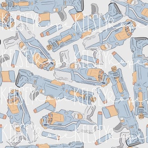 May include: A seamless pattern featuring blue and orange toy guns with orange and white darts. The background is a light gray.