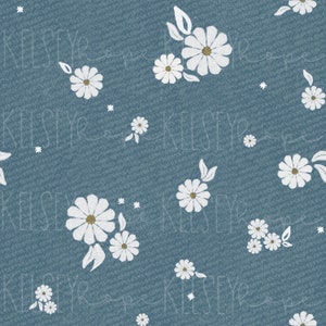 Embroidered Daisies SEAMLESS PATTERN blue denim seamless file, surface pattern, digital pattern, spring floral pattern