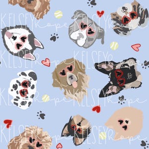 Valentine Puppies- Puppy Party Collective - woof MODELLO SENZA CUCITURE Illustrato a mano. Design digitale. File senza cuciture. Valentine Dogs Blue Boys