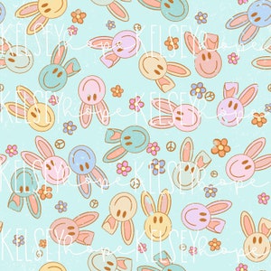 LIMITED So Hoppy Retro Smiley Faces Bunny Ears Easter Spring Edition SEAMLESS PATTERN Hand Illustrated. Diseño Digital. Tela de ropa.