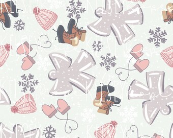 Snow Day SEAMLESS PATTERN Hand Illustrated. Digital Design. Baby Clothing Scrapbook Paper Fabric. Winter Pink Mittens Snow Angels February