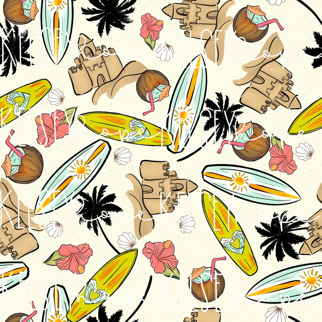 Bright Colors Beach Day Seamless Pattern. Summer Sand Castles Surf Palm ...