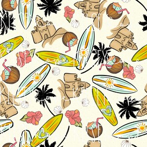 Pode incluir: Um padrão sem costura com tema de praia com pranchas de surf, palmeiras, castelos de areia, cocos e flores de hibisco sobre um fundo amarelo claro.