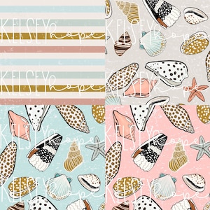 Sea Treasures Set Of 4 - Conchas marinas, Océano, Vida en la playa, Verano SEAMLESS PATTERN Ilustrado a mano. Diseño Digital. Ropa Papel Tela.