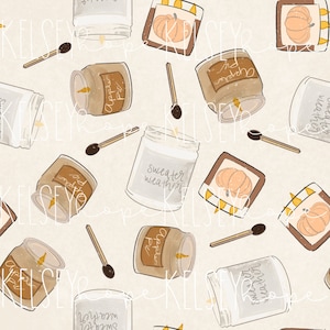 May include: A seamless pattern featuring various illustrations of candles with autumnal scents, including "Sweater Weather", "Apple Pie", and "Pumpkin Spice". The pattern also includes illustrations of pumpkins and matches.