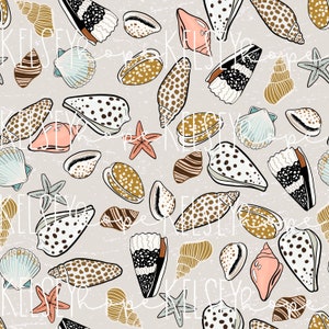 Tesoros marinos:Conchas marinas grises, Océano, Vida en la playa, Patrón sin costuras de verano ilustrado a mano. Diseño Digital. Ropa Papel Tela.