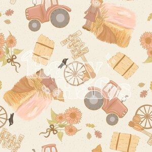 May include: A seamless pattern featuring a variety of fall harvest elements, including red tractors, hay bales, sunflowers, scarecrows, crows, and a sign that reads "Corn Maze, Hay Rides, Apple Cider, Pumpkin Patch". The background is a light beige with a subtle texture.