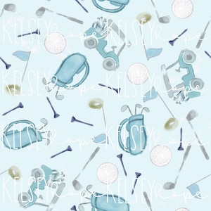 May include: A seamless pattern featuring golf-themed illustrations on a light blue background. The pattern includes golf bags, golf carts, golf balls, golf clubs, and golf tees. The illustrations are drawn in a watercolor style with a blue and white color scheme.