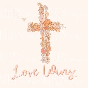 El amor gana la sublimación de Pascua PNG ilustrada a mano. Diseño Digital. Ropa de bebé Scrapbook Paper Fabric. Primavera Cruz floral religiosa