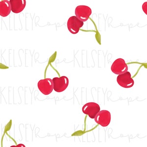 Cerezas / Blanco PATRÓN SIN COSTURAS Ilustrado a mano. Diseño digital. Tela De Papel Para Ropa. Boho Vintage Retro San Valentín cereza Primavera