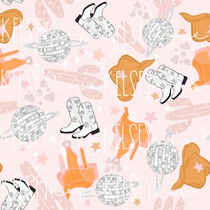 Space Cowgirl - western Disco Planets cow print boots retro party SEAMLESS PATTERN Hand Illustrated. Digital Design. Clothing Paper Fabric.