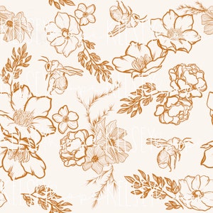 Vintage Boho Bees Estampado floral PATRÓN SIN COSTURAS Ilustrado a mano. Diseño digital. Tela de papel para ropa de bebé. San Valentín primaveral silenciado