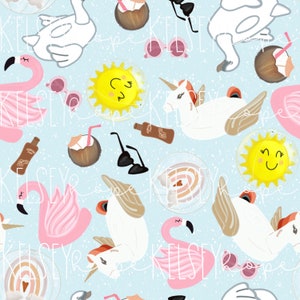 Pool Day Seamless Pattern. Muted Unicorn flamingo swan floats.. Seamless Digital Design File. Fabric Supplies design file. Summer Retro