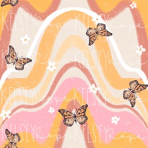 Feeling Groovy Girls Retro Spring Colors Boho Girls Nubes Estrellas PATRÓN INCONSÚTIL Ilustrado a mano. Diseño digital. Tela de papel para ropa.