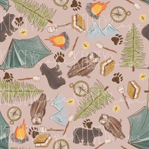 Camping Adventures on Pink s'mores luciérnagas Osos Búhos Tiendas de campaña Niños PATRÓN SIN FISURAS Ilustrado a mano. Diseño Digital. Ropa Papel Tela.