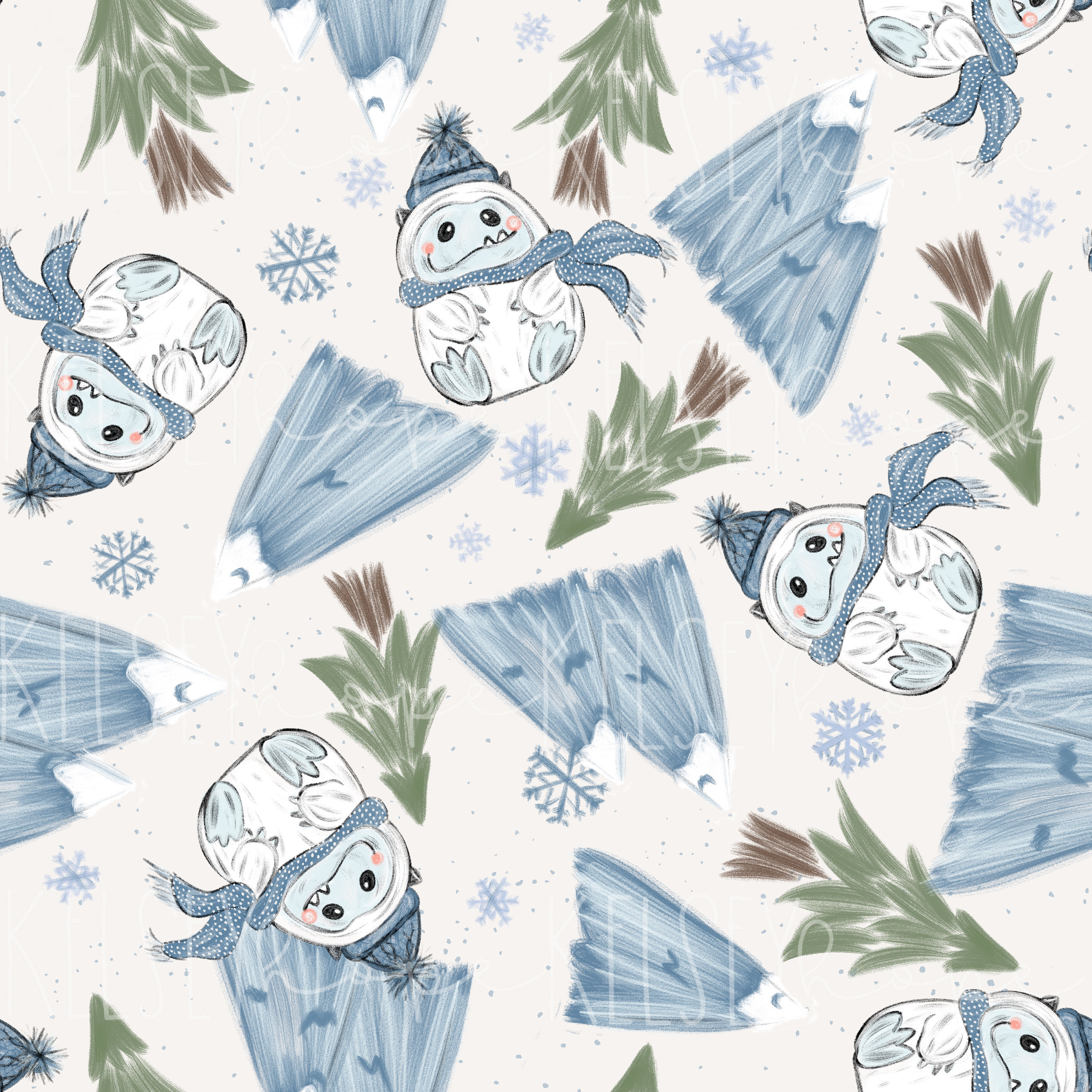 Winter Yeti SEAMLESS PATTERN Hand Illustrated. Digital Design. Baby Clothing Scrapbook Paper Fabric. Christmas Winter Neutral Abdominal