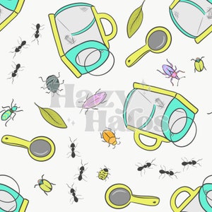 Caza de insectos: PATRÓN INCONSÚTIL ilustrado a mano brillante. Diseño digital. Tela de papel para ropa. Insectos de primavera y verano. Cazador de insectos.