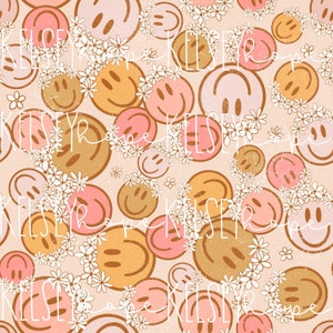 Wees blij Retro smileygezichten Daisy Flower Crowns Spring Edition NAADLOZE PATROON Hand geïllustreerd. Digitaal ontwerp. Kleding papier stof.