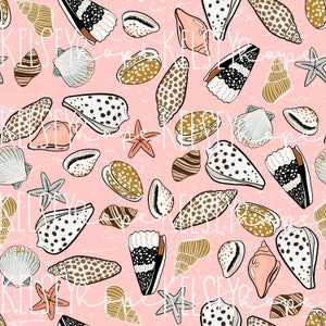 Tesoros marinos:Conchas marinas rosas melocotón, océano, vida en la playa, verano PATRÓN SIN FISURAS ilustrado a mano. Diseño Digital. Ropa Papel Tela.