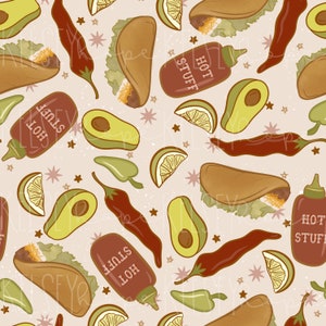 May include: A seamless pattern featuring a variety of food items, including tacos, avocados, limes, and chili peppers. The pattern is set against a light beige background with a subtle speckled texture. The text "HOT STUFF" appears on two bottles of red sauce.