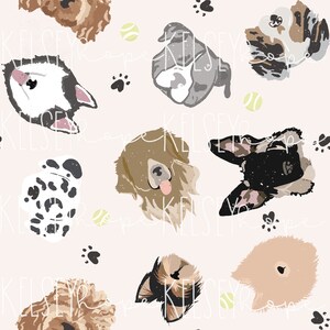 Puppy Party Collective - PATRÓN SIN COSTURAS Ilustrado a mano. Diseño digital. Tela de papel para álbumes de recortes de ropa de bebé. cumpleaños de perros