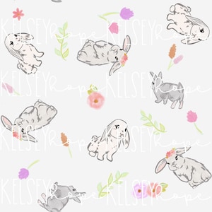 Primavera coelhinhos coelhos flores meninas brilhantes padrão sem costura mão ilustrada. Design digital. Tecido de papel para scrapbook de roupas de bebê. primavera