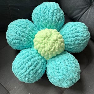May include: A light blue and green crocheted flower-shaped pillow. The pillow is made of soft, fluffy yarn and has a five-petal design.