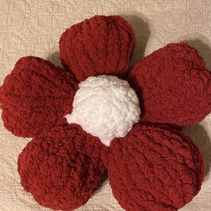 May include: A red and white flower-shaped pillow with a textured surface.