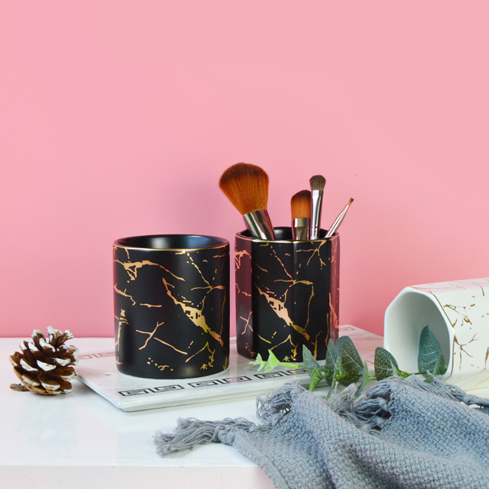 Marbling Ceramic Pen Holder Round Octagonal Pen Holder Black Etsy