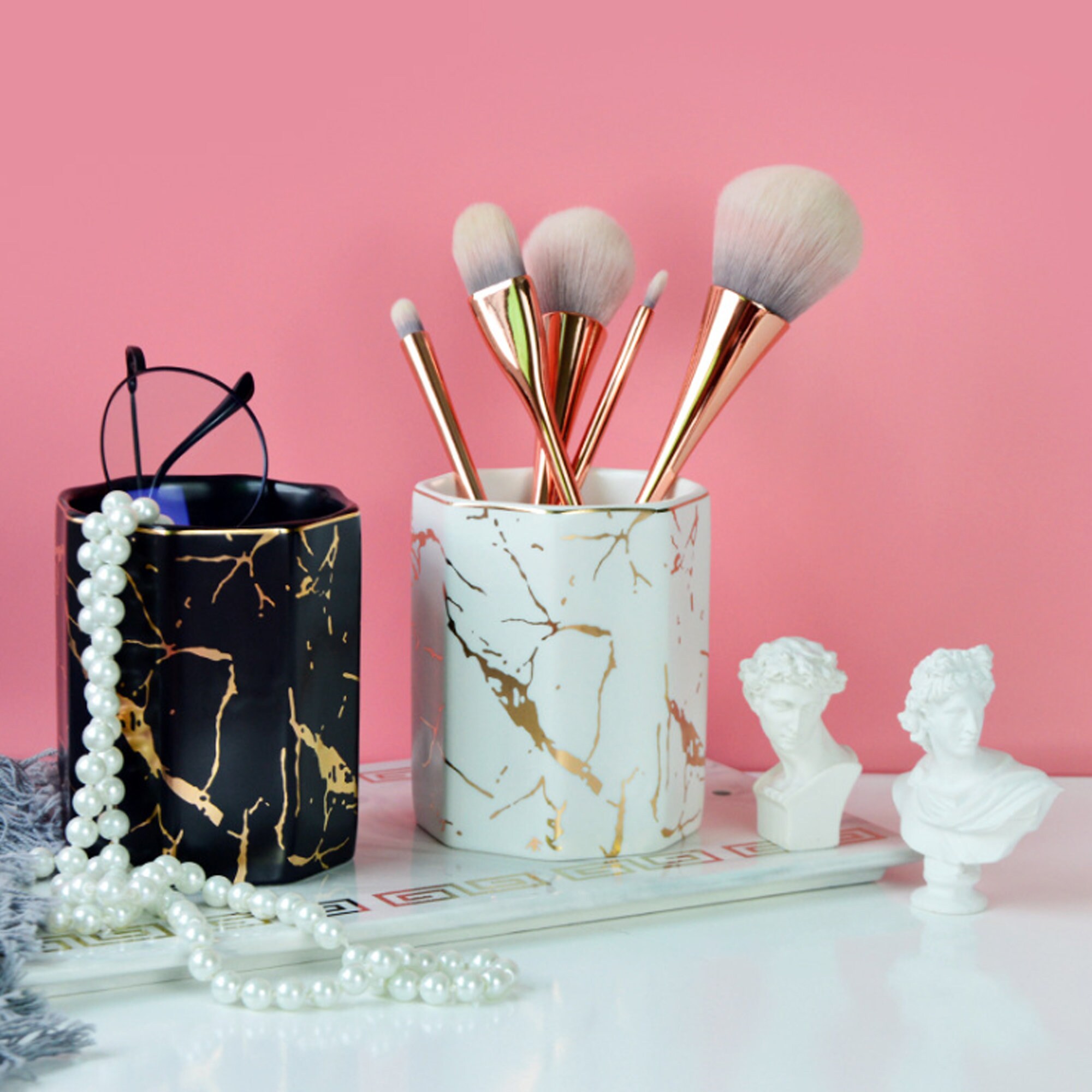 Marbling Ceramic Pen Holder Round Octagonal Pen Holder Black Etsy