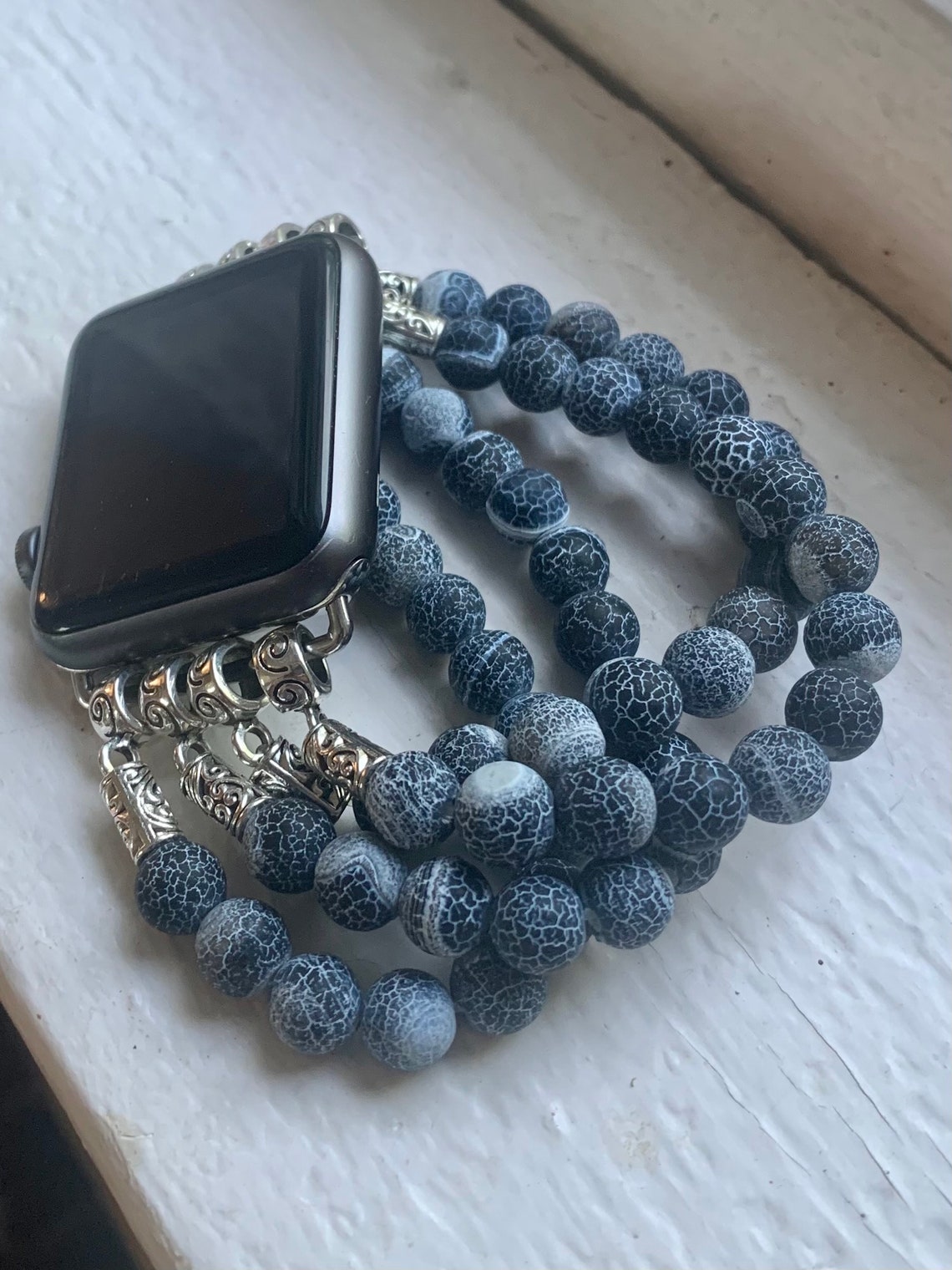 Beaded Apple Watch Band Blue Smart Watch Stretch Bracelet Etsy