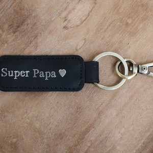 Porte-clés en cuir noir "Super Papa", pour la fête des pères et anniversaire.