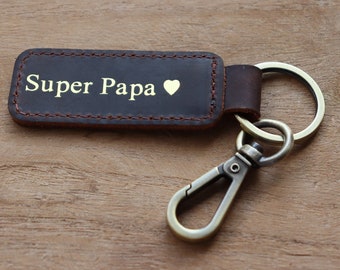 Porte-clés en cuir marron "Super Papa", pour la fête des pères et anniversaire.