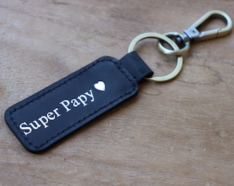 Porte-clés en cuir noir "Super Papy", pour la fête des grands-pères, anniversaire ou toute autre occasion spéciale